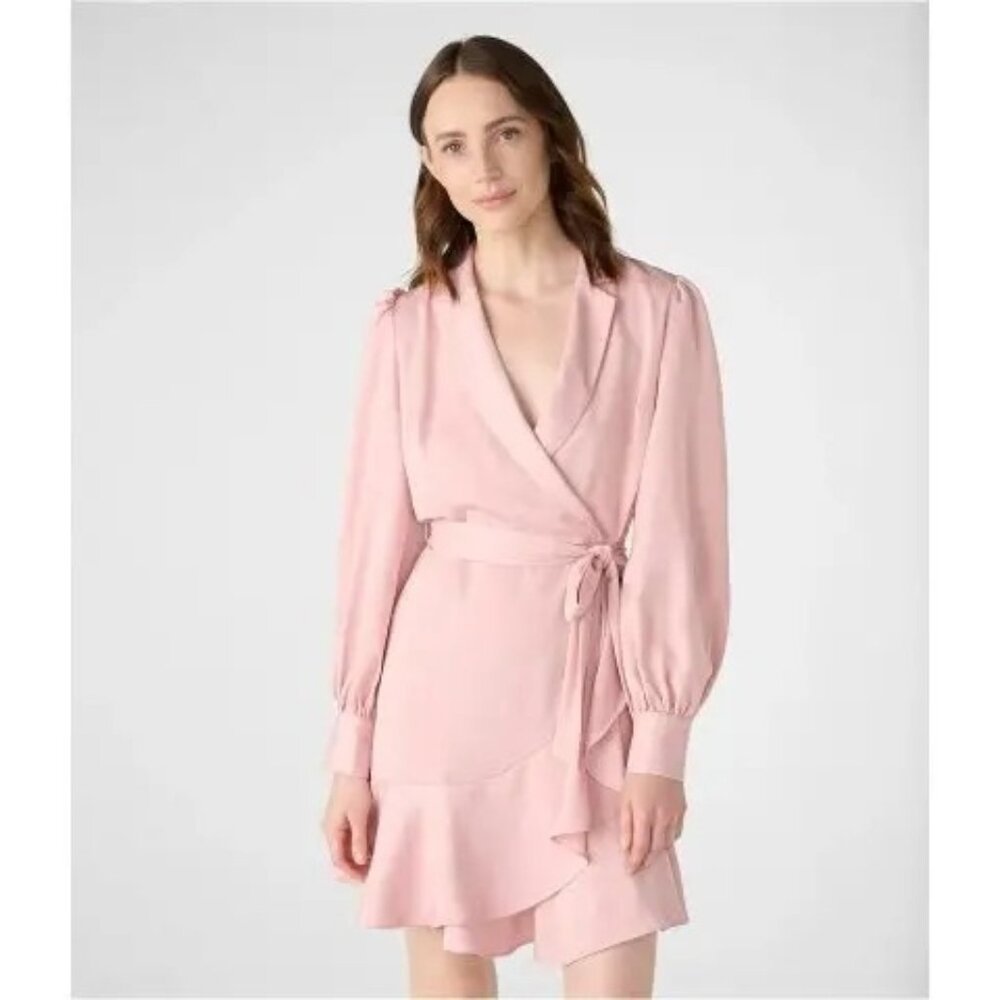 Karl Lagerfeld Paris Pink Faux Wrap Dress Surplus Neck Ruffle Hem LS Size 2